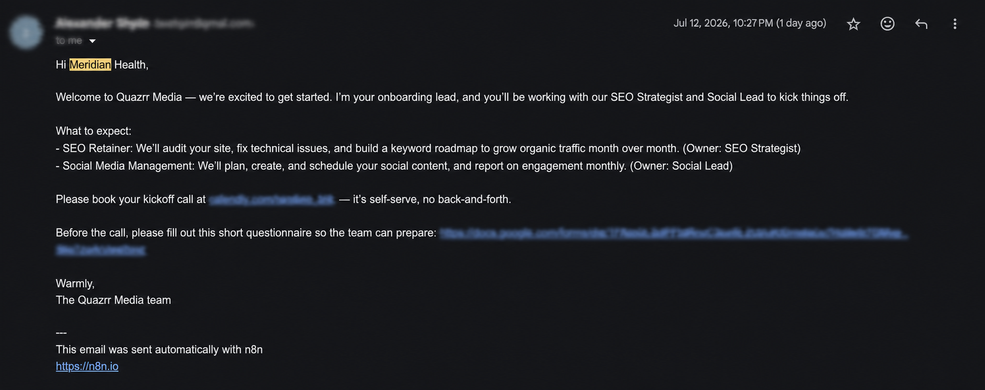 The welcome email in the client's inbox